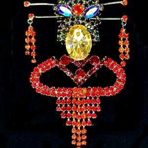Vintage Unsigned Figural Rhinestone Lady Brooch Red Black Dramatic Statement Pin